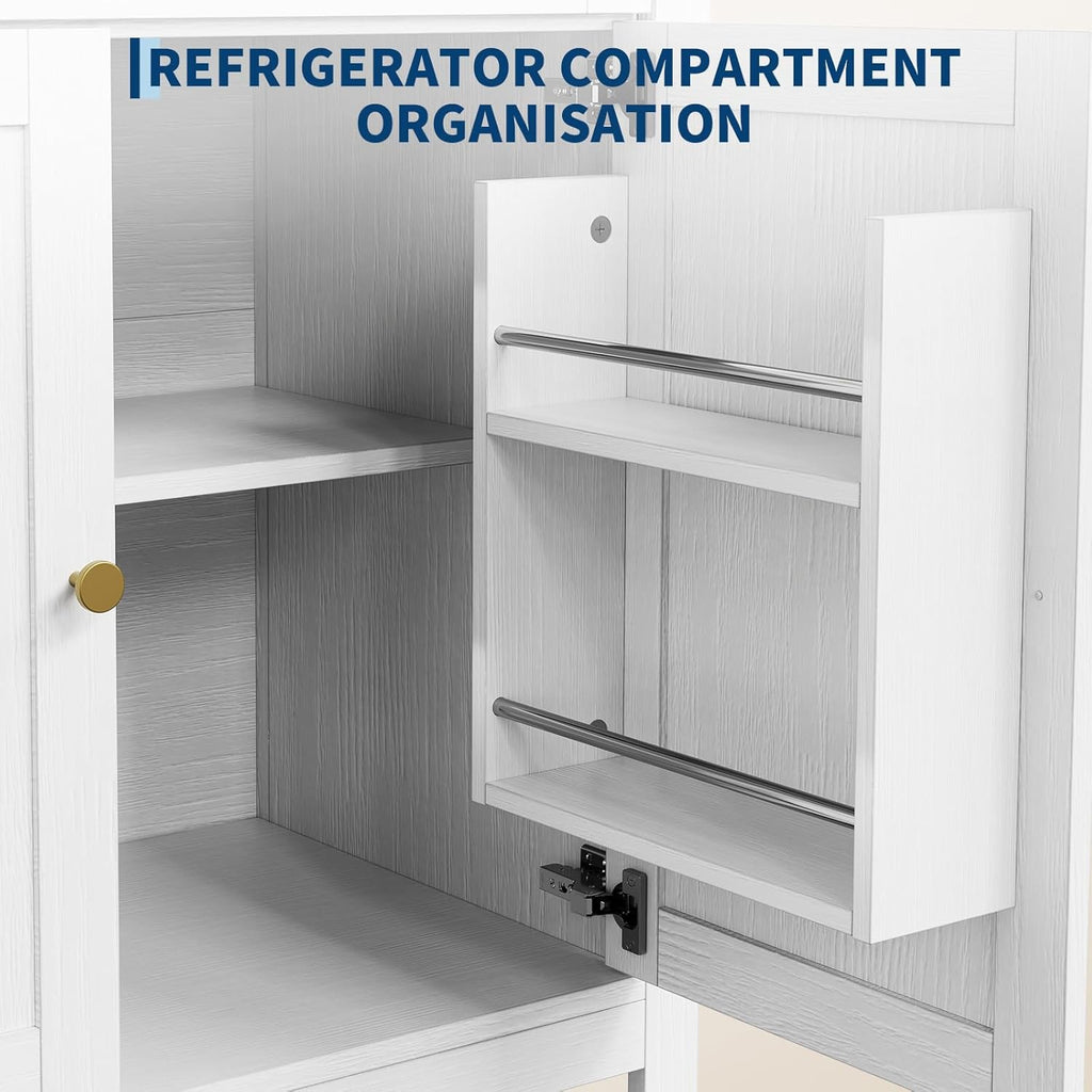 Modern Farmhouse Arched Pantry Cabinet 73" – Freestanding Tall Storage with Adjustable Shelves & Drawer – Accent Kitchen, Dining, Living or Bedroom Cupboard – Embossed White