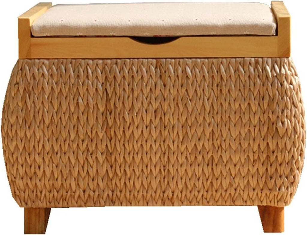 Ottoman with Storage Rattan Woven ，Bench with Padded Seat End of The Bed Entry Bench Footrest Stool for Hallway Living Room(Primary color1,40cm/15.7in)