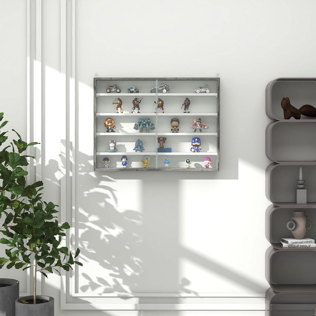 HOMCOM 5-Storey Wall Shelf Display Cabinet, Shot Glass Display Case, Glass Curio Cabinet with 2 Glass Doors and 4 Adjustable Shelves, Grey and White