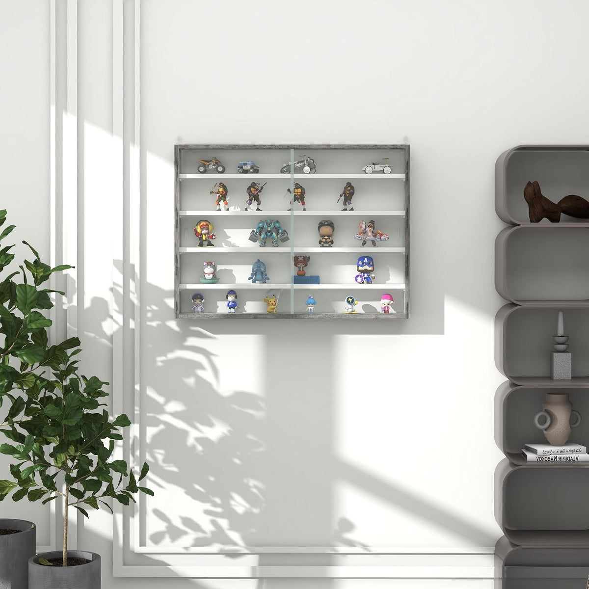 HOMCOM 5-Storey Wall Shelf Display Cabinet, Shot Glass Display Case, Glass Curio Cabinet with 2 Glass Doors and 4 Adjustable Shelves, Grey and White