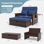 Amopatio Wicker Outdoor Daybed, Outdoor Loveseat with Storage Ottoman, Rattan Patio Daybed, Patio Loveseat with 4-Level Adjustable Backrest & Folding Tray, for Yard, Balcony, Porch, Poolside, Blue