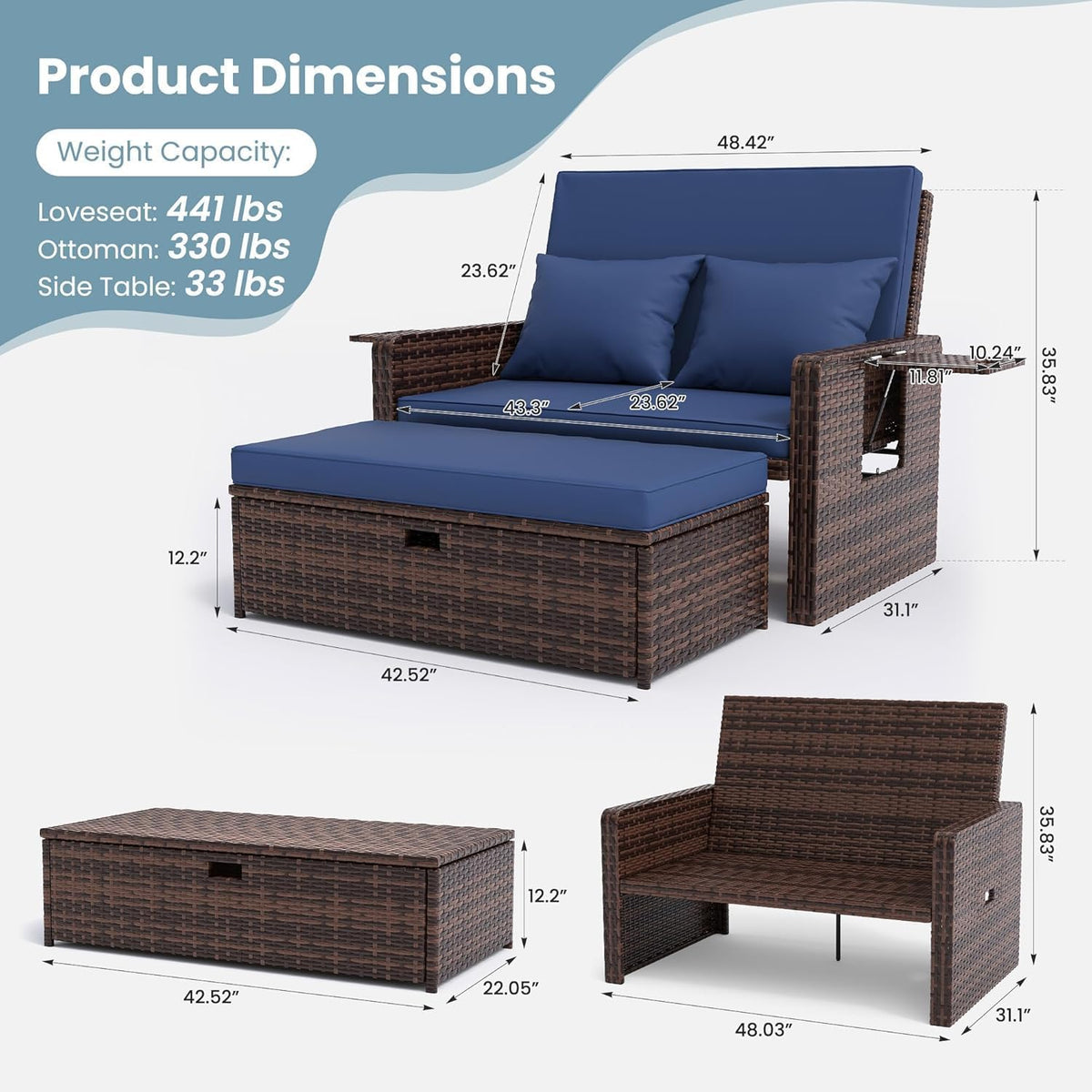 Amopatio Wicker Outdoor Daybed, Outdoor Loveseat with Storage Ottoman, Rattan Patio Daybed, Patio Loveseat with 4-Level Adjustable Backrest & Folding Tray, for Yard, Balcony, Porch, Poolside, Blue