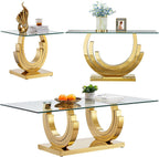 3 Piece Living Room Table Set, Rectangle Tempered Glass Coffee Table, End Tables, Console Table, Luxury Modern Clear Coffee Table Set of 3 with Gold Steel Base for Living Room, Apartment