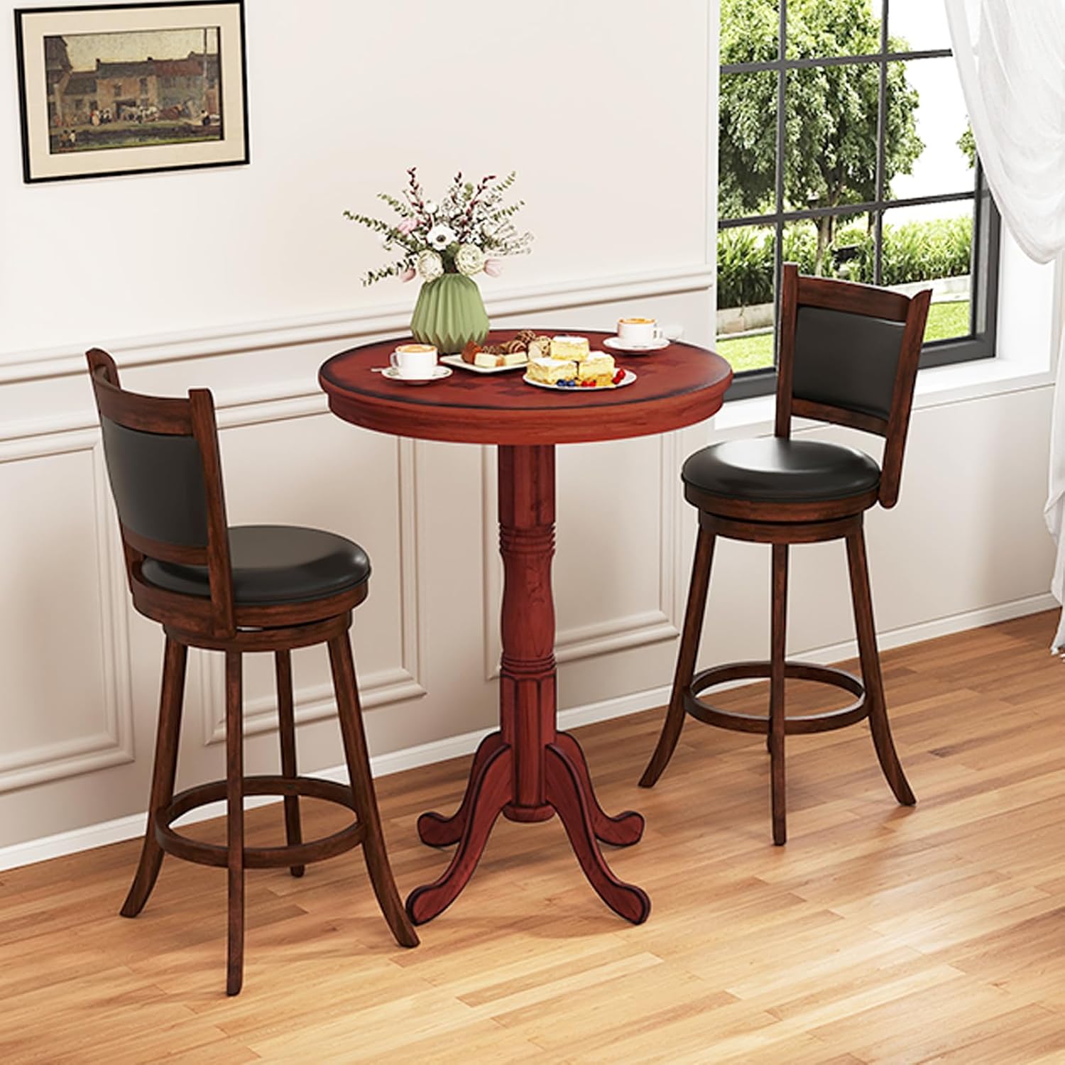 3 Piece Bar Table and Chairs Set, Round Counter Height Dining Table with Chessboard, 2 Upholstered Swivel Bar Stools, Rubber Wood Frame, Farmhouse Pub Table Set for Kitchen, Bistro