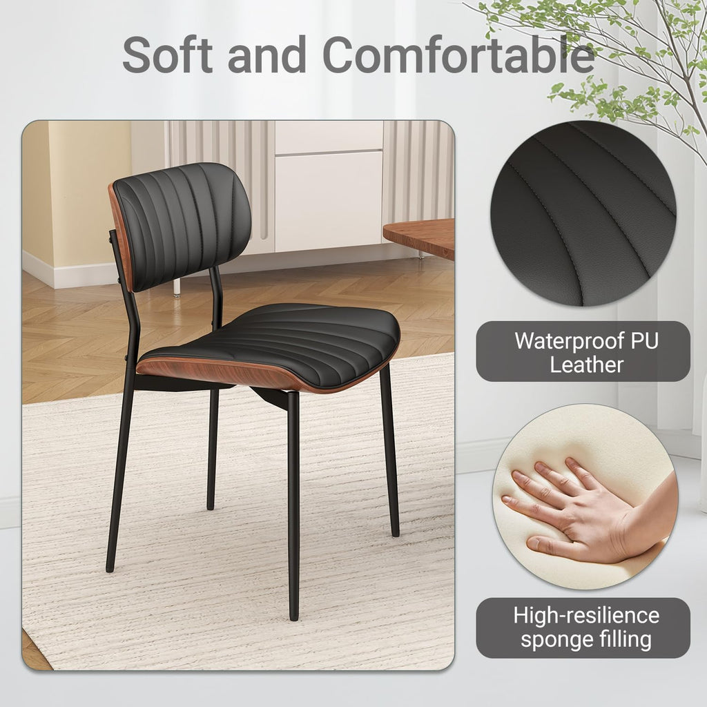 Modern Dining Chairs Set of 2,Upholstered PU Leather Kitchen Chairs,Black | Mid Century Walnut Bentwood Back and Metal Legs for Kitchen Dining Room Living Room