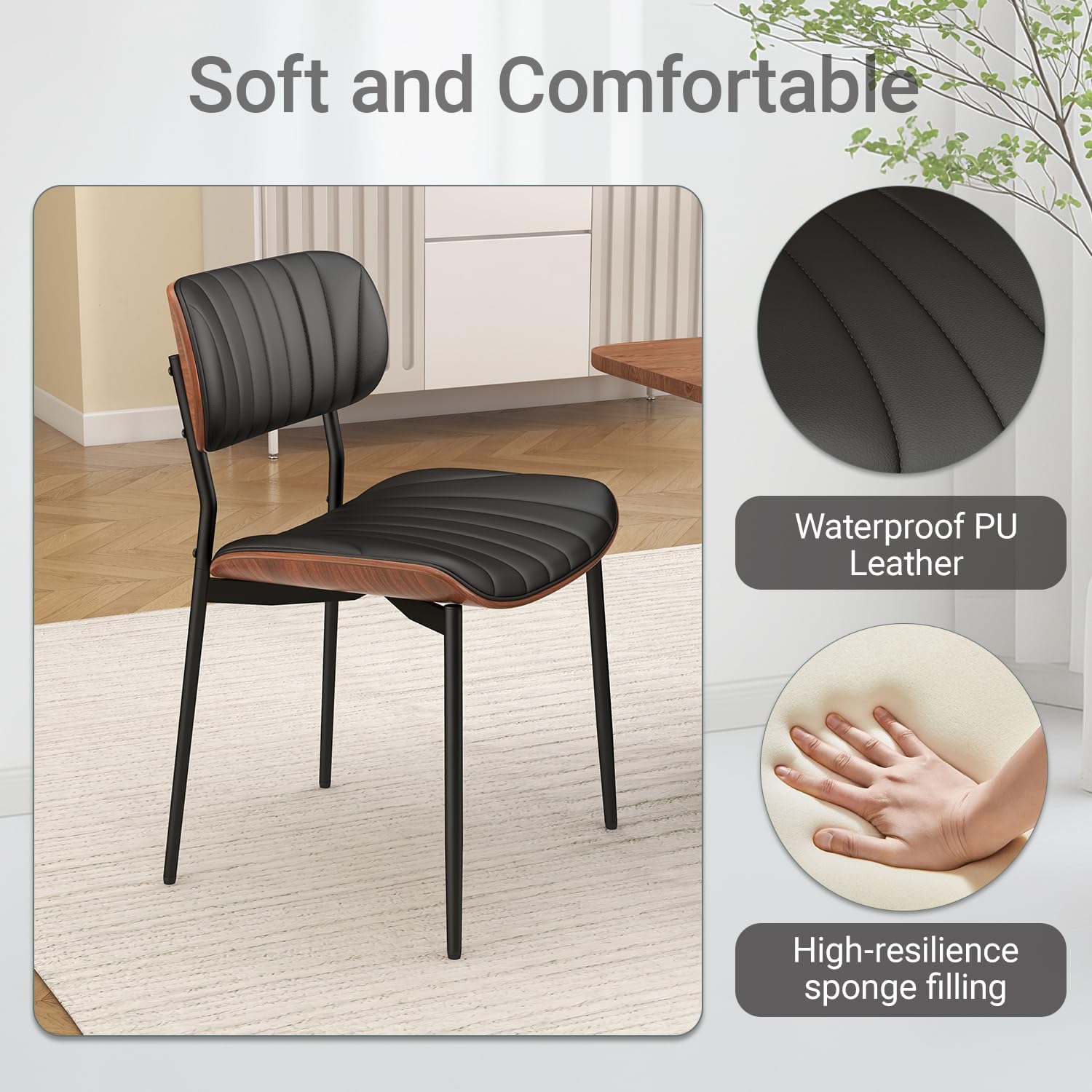 Modern Dining Chairs Set of 2,Upholstered PU Leather Kitchen Chairs,Black | Mid Century Walnut Bentwood Back and Metal Legs for Kitchen Dining Room Living Room