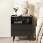26 Inch Tall Black Oak Nightstands Set of 2 with Charging Station | Matching pair for a streamlined bedroom look; each 24 inch wide table has tray top, open shelf, and 2 drawers