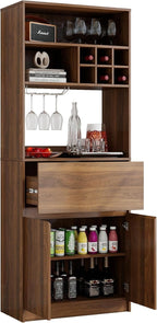 KEIKI 70.87" H Tall Kitchen Pantry Wine Bar Storage Cabinet with Countertop, Wine Rack, Glass Holder, Drawers, Wood Freestanding Hutch Food Pantries Cupboard for Coffee, Dining Living Room