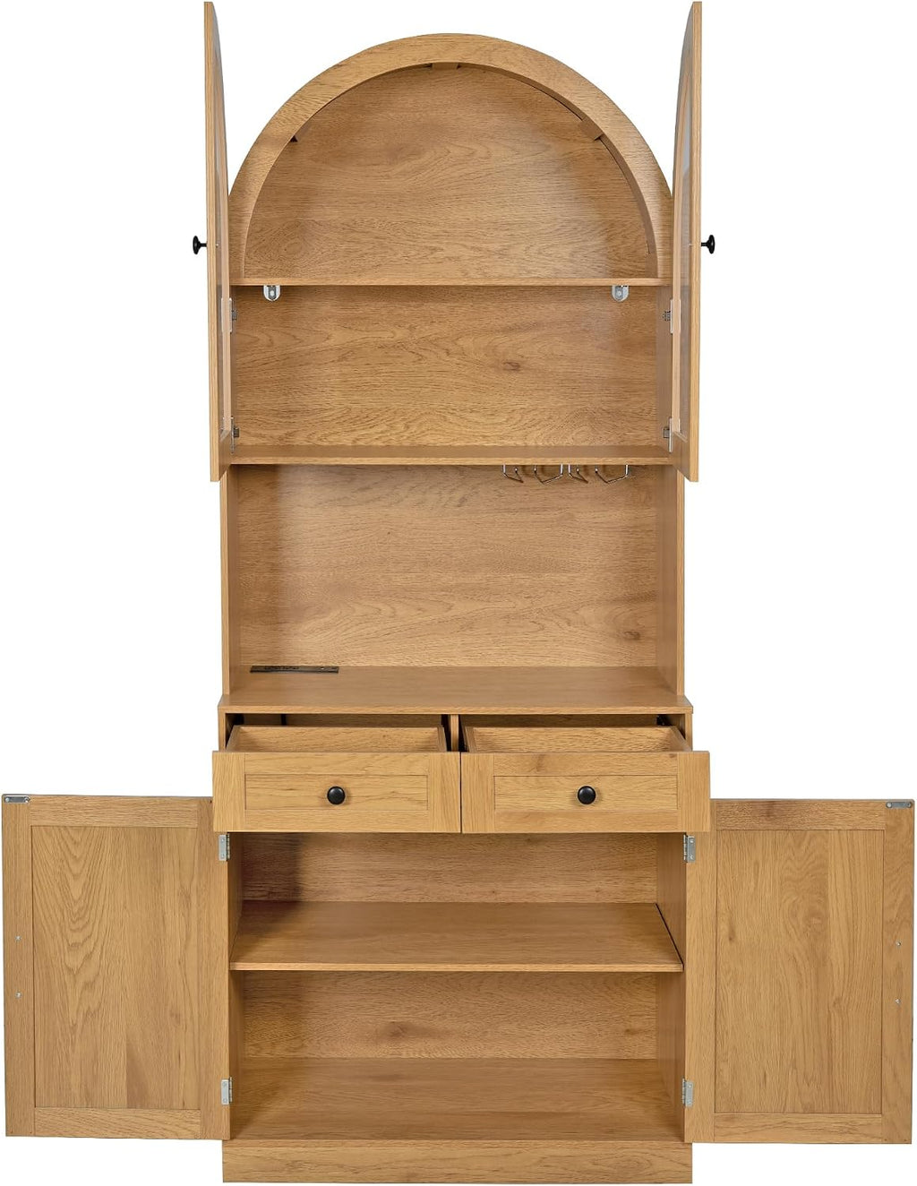 Farmhouse Pantry Cabinet w/Charging Station, Oak | Adjustable Shelves & Open Countertop, Cup Holder & 2 Drawers 75" Tall Arched Coffee Bar for Kitchen Dining Room Living Room