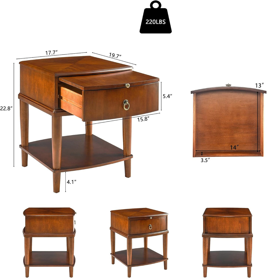 LEEMTORIG Set of 2 Large Cherry Wood Side Table with Pullable Desktop, 2-Tier End Table with Storage Drawer, Rustic Wooden Nightstand for Living Room Bedroom, 18.1"W x 20.1"D x 22.8"H, CJZ-A1569-MG