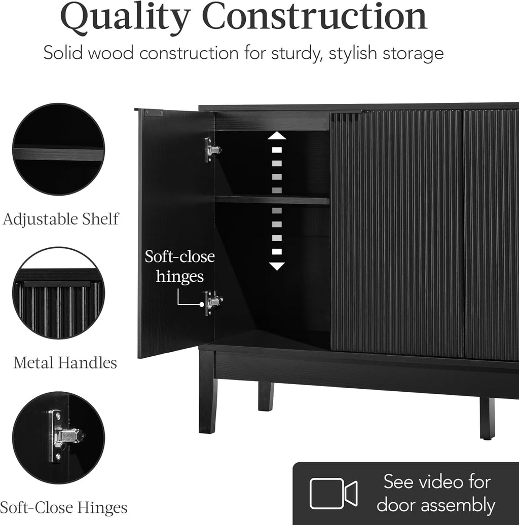 Best Choice Products 55" Modern 4-Door Sideboard Storage Cabinet, Buffet, Media Cabinet, Cupboard, Entryway Accent Table, Bookcase w/Reed Panels and Adjustable Shelves - Black
