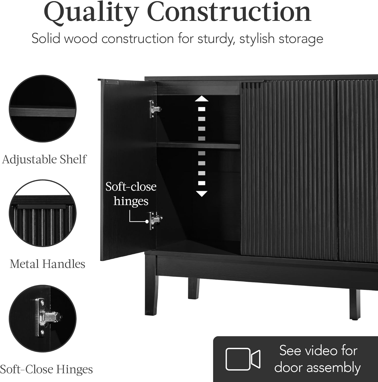 Best Choice Products 55" Modern 4-Door Sideboard Storage Cabinet, Buffet, Media Cabinet, Cupboard, Entryway Accent Table, Bookcase w/Reed Panels and Adjustable Shelves - Black