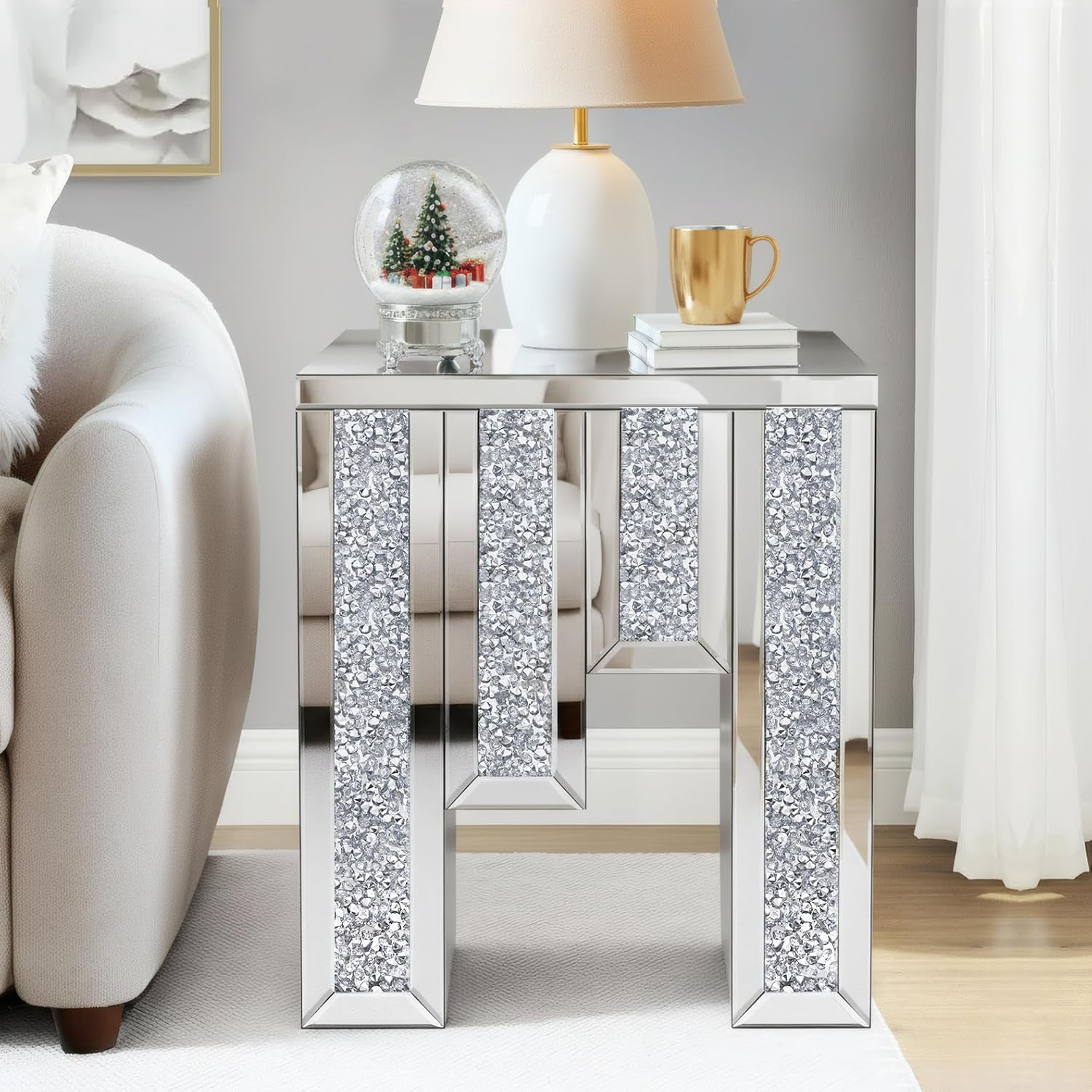 Crushed Diamond Side Table, Mirrored Accent End Table & Sofa Table for Living Room, Luxury Bling Crystal Nightstand, Fully Assembled Drop-Tested Packaging for Bedroom, Entryway