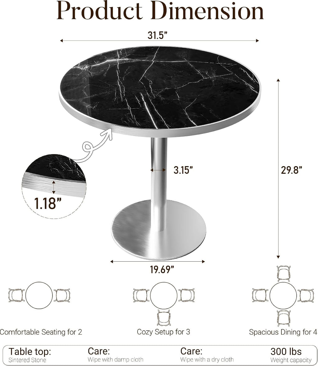 31.5" Tulip Table, Small Round Dining Table with 1.2" Thick Sintered Stone Tabletop and Silver Metal Pedestal Base, Bistro Table for Diner, Restaurant, Café, Bakery, Apartment (Marble Black Silver)