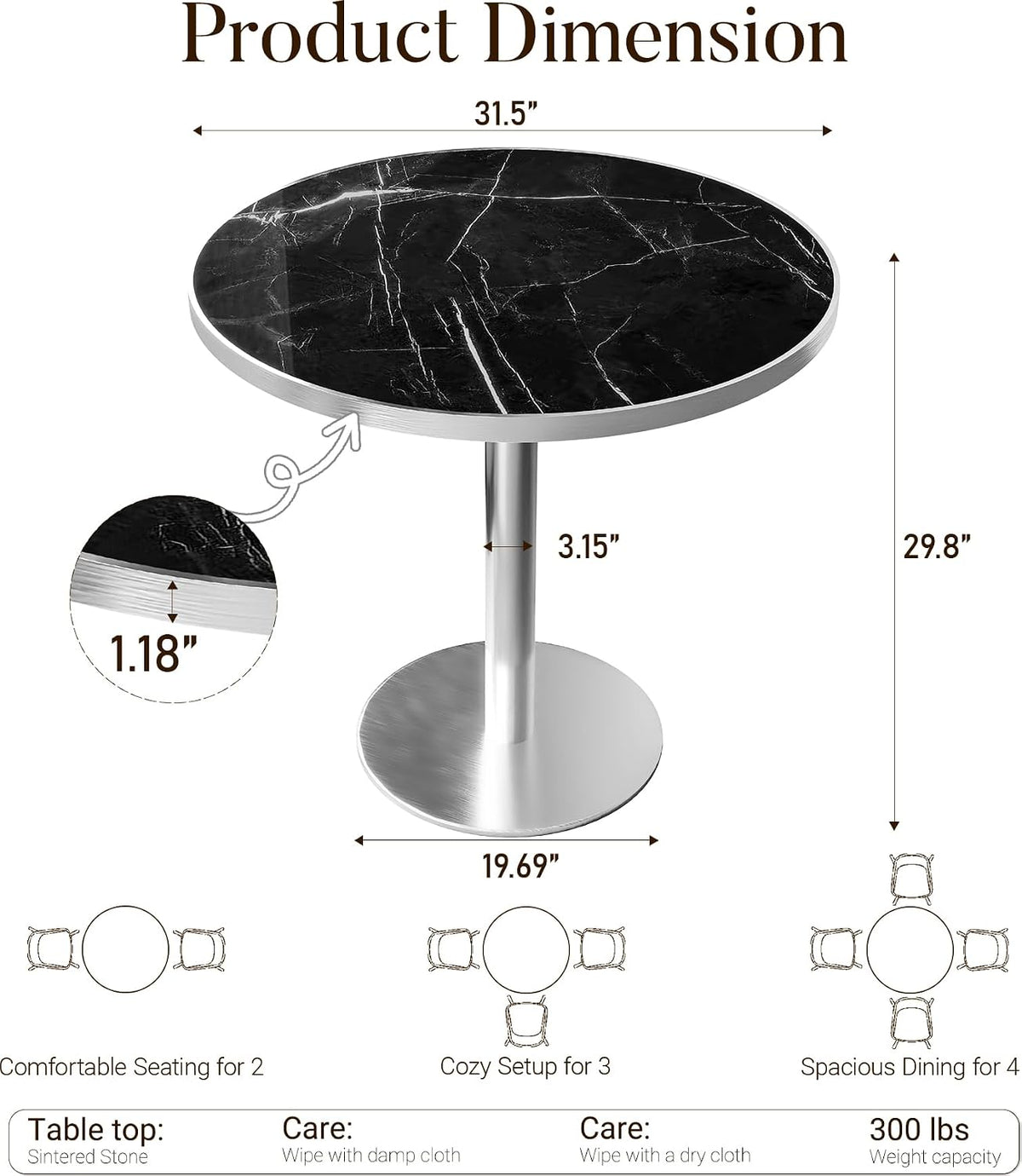 31.5" Tulip Table, Small Round Dining Table with 1.2" Thick Sintered Stone Tabletop and Silver Metal Pedestal Base, Bistro Table for Diner, Restaurant, Café, Bakery, Apartment (Marble Black Silver)