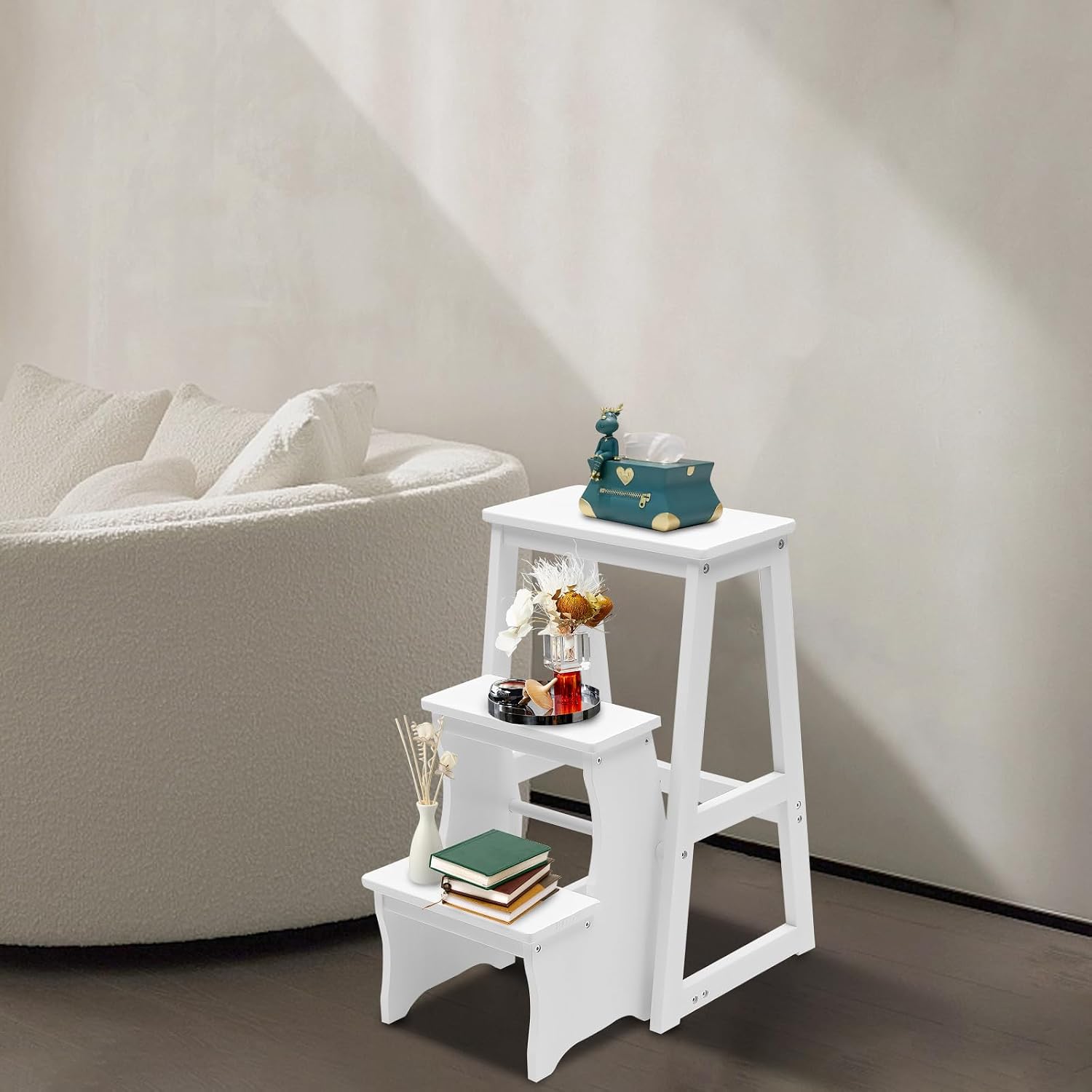 3 Tier Folding Step Stool,Wood Ladder,Folding Library Ladder Chair,Portable Multifunctional Step Stool for Home, Office,Library (White)