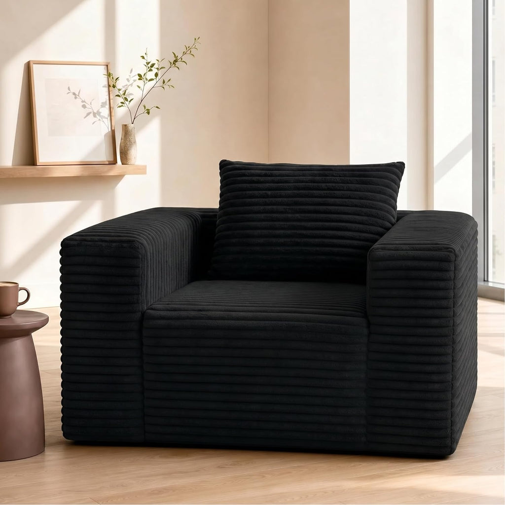 Mini Single Sofa Chair, Corduroy Cloud Couch with Pillow & Wide Armrests, High-Density Foam Reading Lounge for Living Room & Bedroom – No Assembly Required, Black
