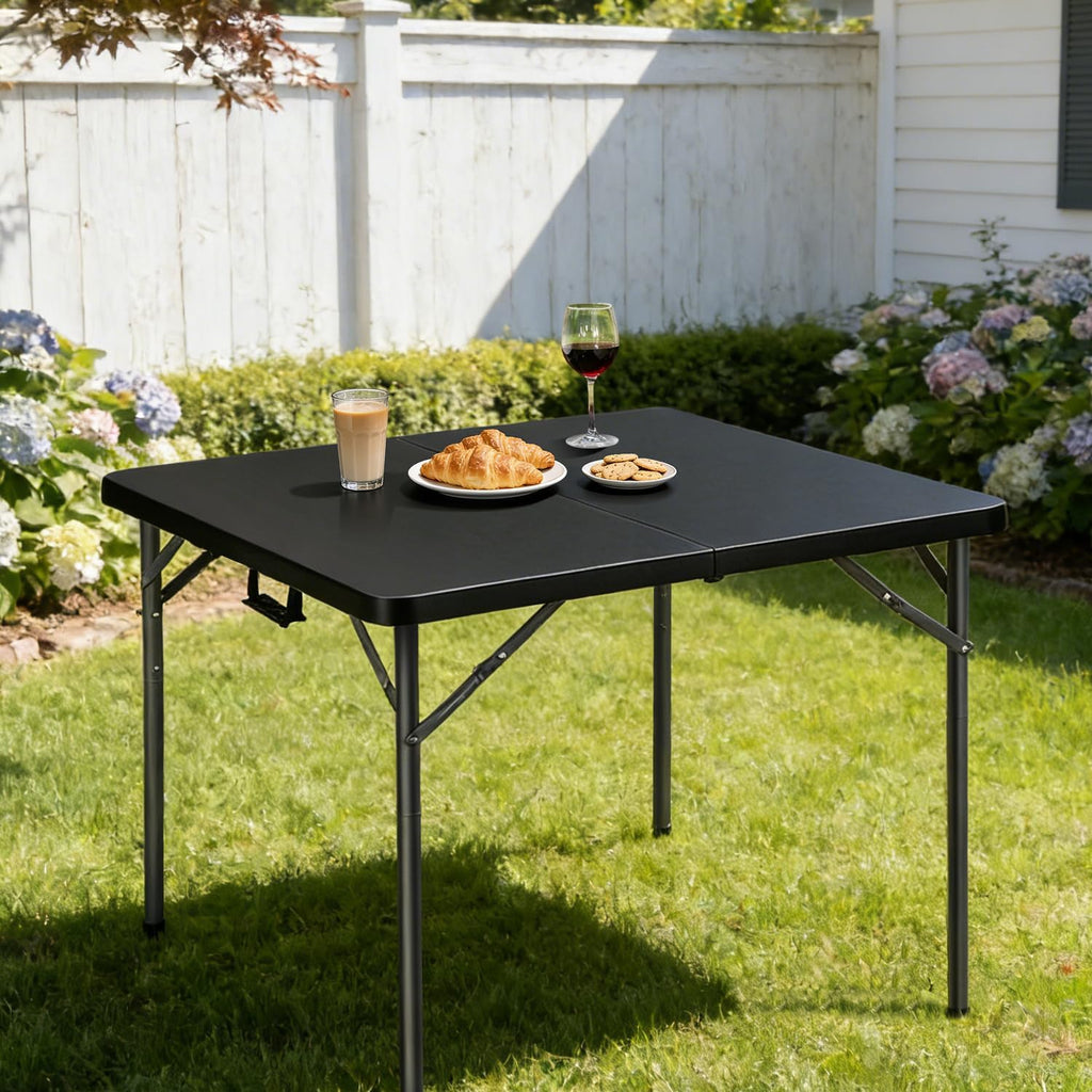 34" Square Folding Table, Portable Folding Card Table with Collapsible Legs & Carrying Handle, Plastic Tables for Camping,Picnic, Office, Party,Black