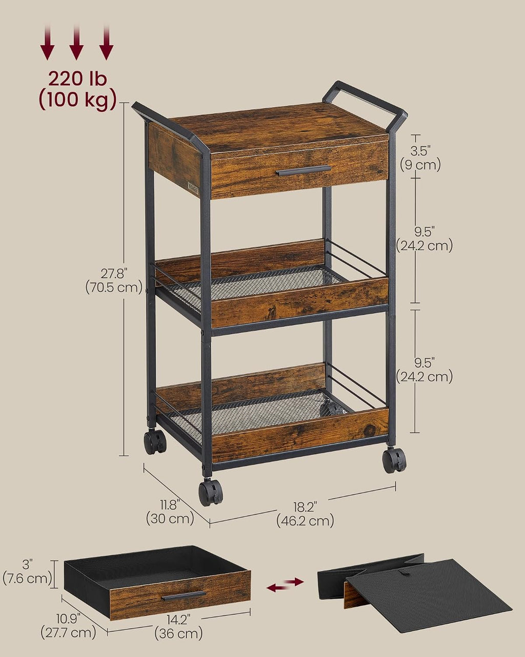 VASAGLE Storage Cart, 3-Tier Rolling Utility Cart with Table Top | Top Drawer, Mesh Shelves, Handles, 4 Lockable Casters, Rustic Brown and Matte Black, DACEY Collection ULRC048K01
