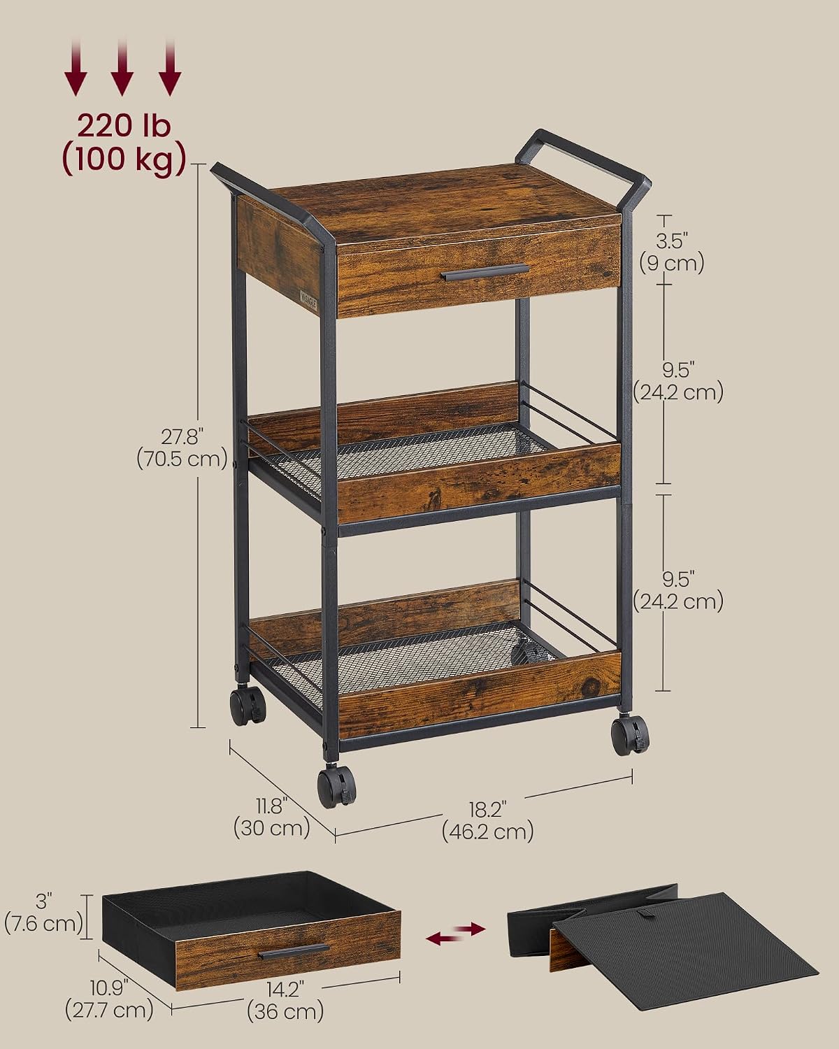VASAGLE Storage Cart, 3-Tier Rolling Utility Cart with Table Top | Top Drawer, Mesh Shelves, Handles, 4 Lockable Casters, Rustic Brown and Matte Black, DACEY Collection ULRC048K01