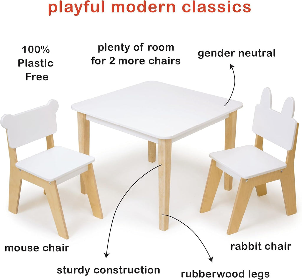 Mentari Toys - Kid’s Table and Chair Set - Wooden Easy Clean Table and 2 Animal Themed Chairs - Children’s Playroom, Classroom Furniture - Sturdy Set for Play and Learning - Age 3+