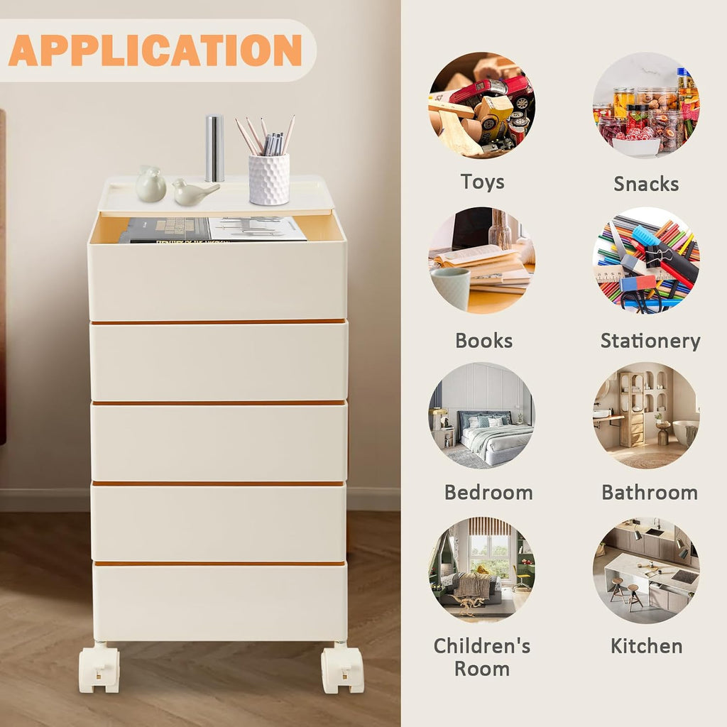360° Movable Rotating Storage End Table Sofa Side Cabinet Laptop Bedside Table with 5 Tiers Shelves 4 Universal Casters for Living Room Bedroom Sofa Dormitory, White