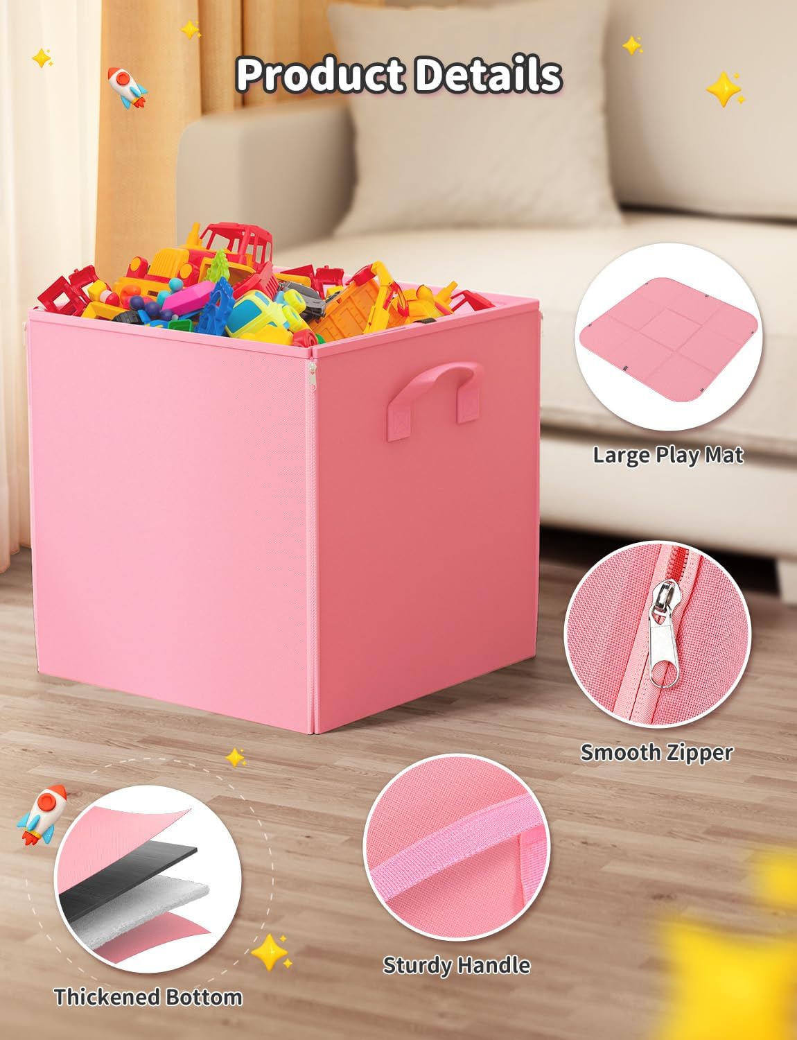 YOHOOLYO 2 In 1 Toy Storage Play Mat, Storage Box for Kids Children Space Adventures Design,Nursery, Playroom, Basket for Building Bricks Blocks Collapsible Cube Bin, 16.9"x16.9"x16.9"