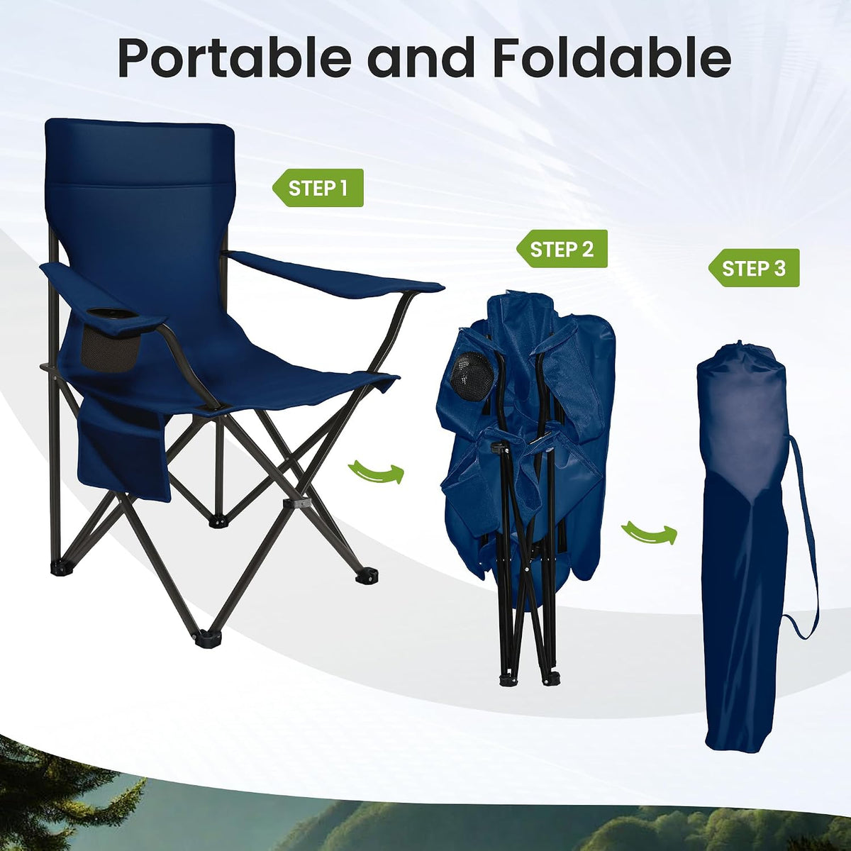 Portable Camping Chair 2 Pack, Folding Outdoor Chair with Cup Holder & Side Pocket for Camping, Hiking, Picnic, Beach (Navy Blue, 2 Pack)