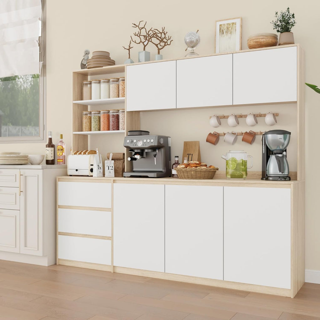 Bobve Large Kitchen Hutch Cabinet with Microwave Stand, Storage Cupboard Pantry with 3-Tier External Shelves and 3 Drawers, Ktichen Food Pantry with Open Countertop for Dining Room, White + Walnut