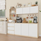 Bobve Large Kitchen Hutch Cabinet with Microwave Stand, Storage Cupboard Pantry with 3-Tier External Shelves and 3 Drawers, Ktichen Food Pantry with Open Countertop for Dining Room, White + Walnut