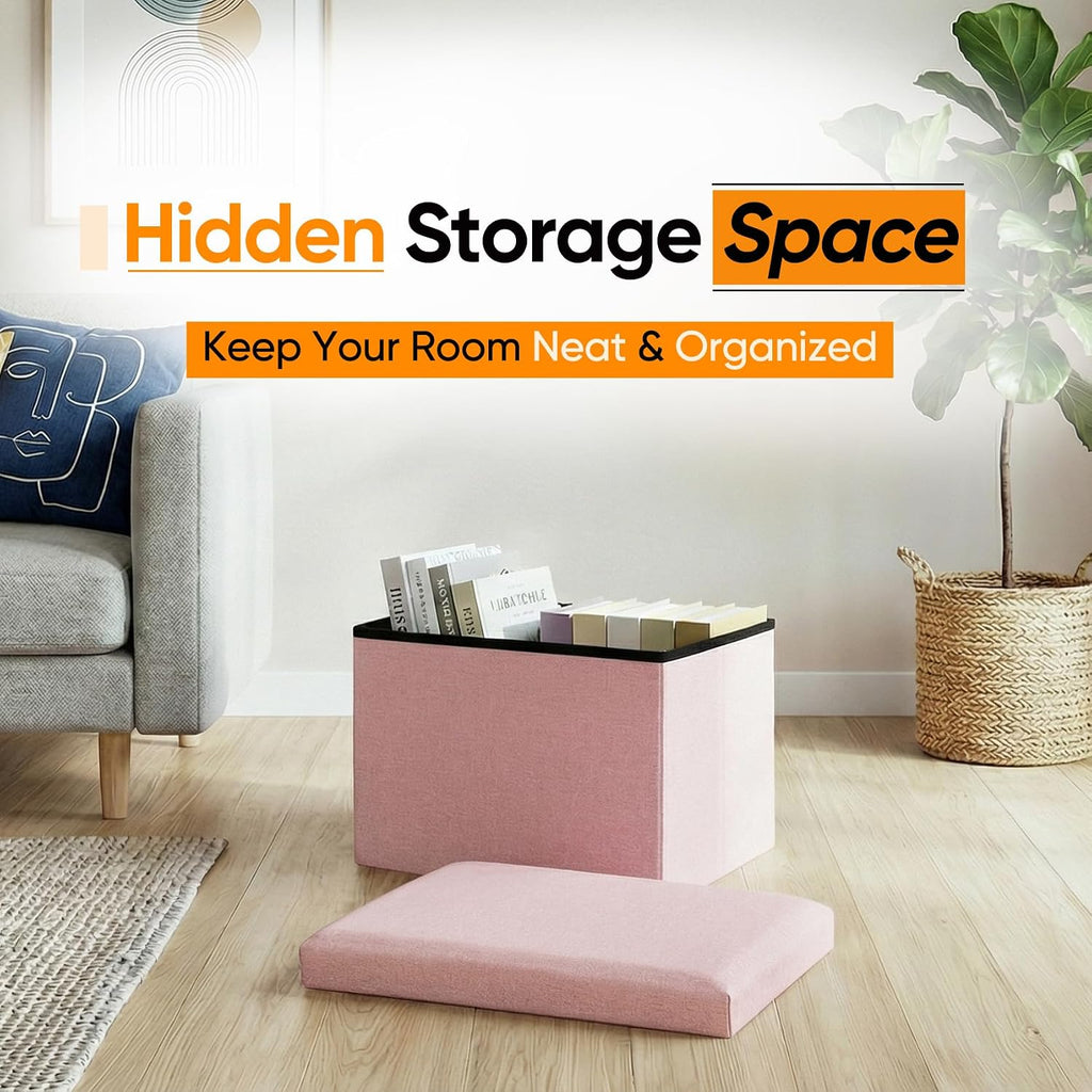 16.5 Inch Small Rectangular Storage Ottoman, Collapsible Footrest | Linen Fabric, Hidden Storage, Foldable Footstool with Padded Lid, Compact Size for Living Room, Bedroom and Dorm, Pink