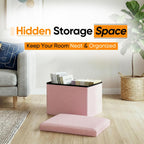 16.5 Inch Small Rectangular Storage Ottoman, Collapsible Footrest | Linen Fabric, Hidden Storage, Foldable Footstool with Padded Lid, Compact Size for Living Room, Bedroom and Dorm, Pink