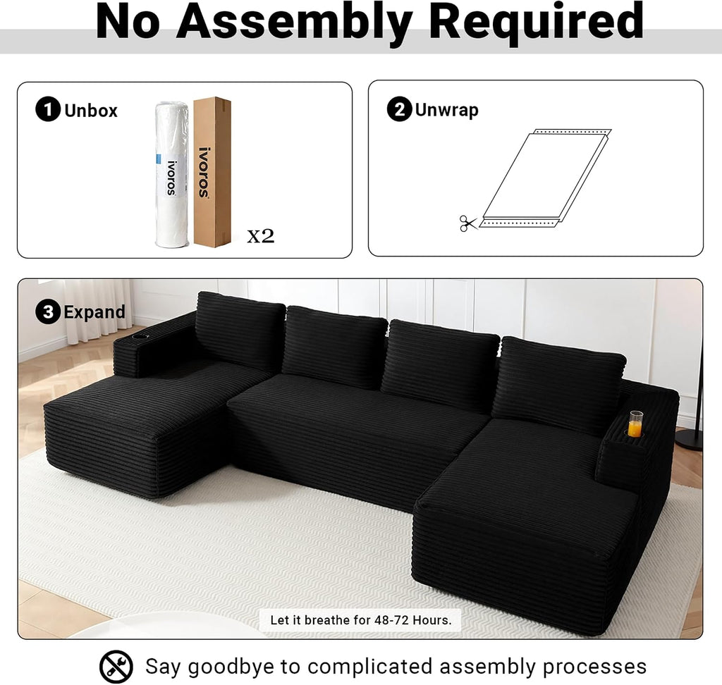 ivoros 125" Cloud Couch Sectional, Modular Sofa with Cup Holder and Storage Pocket, Corduroy U Shaped Sofas, Couch in a Box, No Assembly Required, Black Couches for Living Room