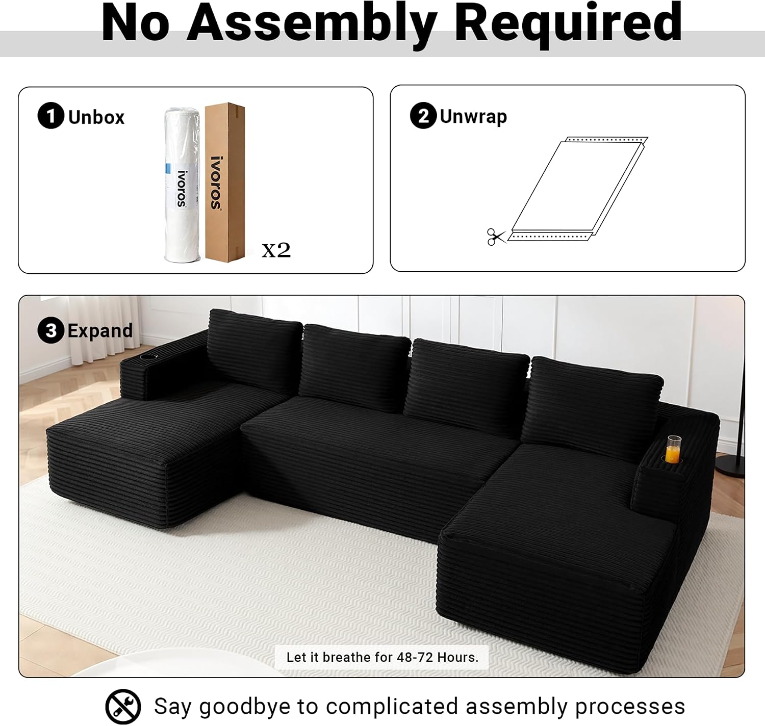 ivoros 125" Cloud Couch Sectional, Modular Sofa with Cup Holder and Storage Pocket, Corduroy U Shaped Sofas, Couch in a Box, No Assembly Required, Black Couches for Living Room