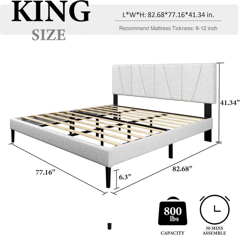 HAOARA King Size Bed Frame with Fabric Upholstered Headboard, Platform Bed with Wooden Slats Support, Fully Mattress Foundation, Box Spring Optional, Easy Assembly, Light Grey