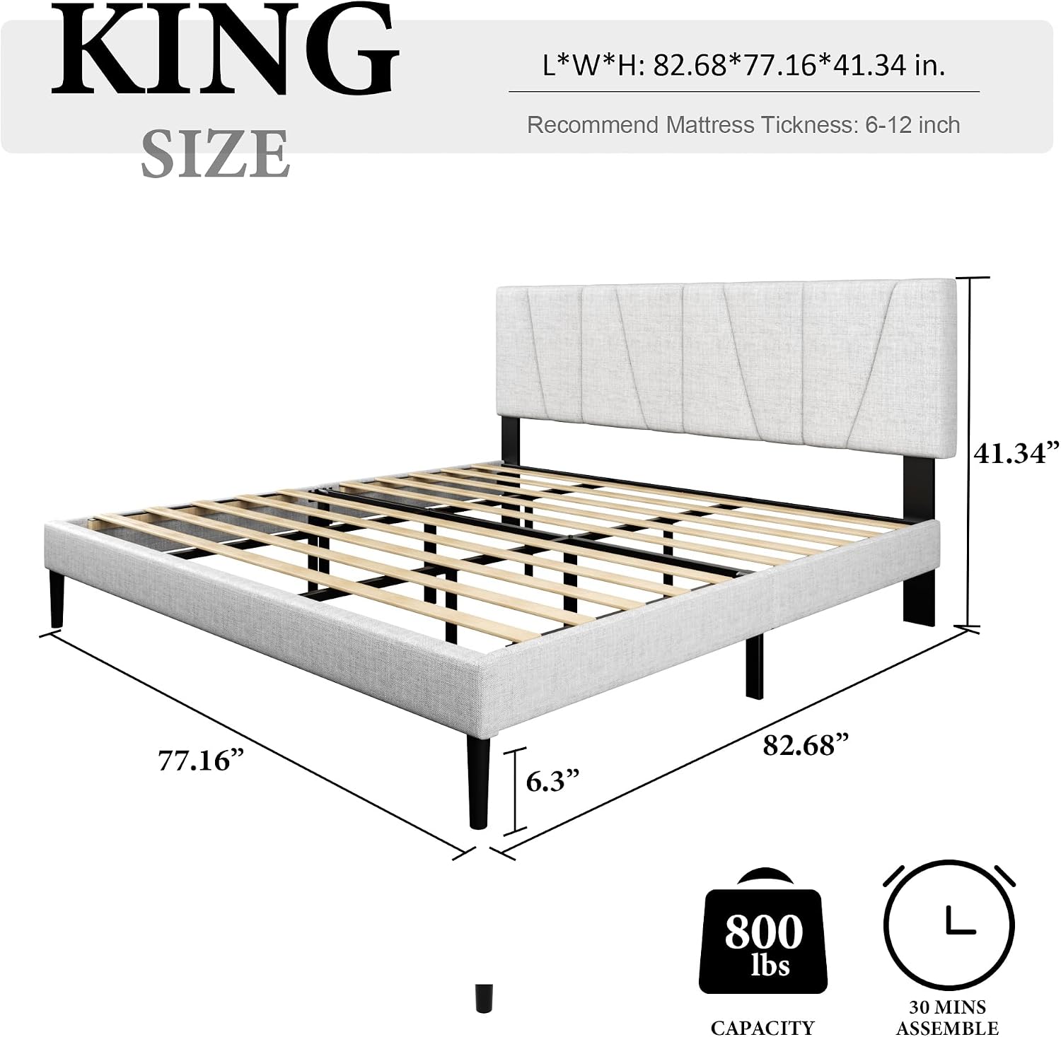 HAOARA King Size Bed Frame with Fabric Upholstered Headboard, Platform Bed with Wooden Slats Support, Fully Mattress Foundation, Box Spring Optional, Easy Assembly, Light Grey
