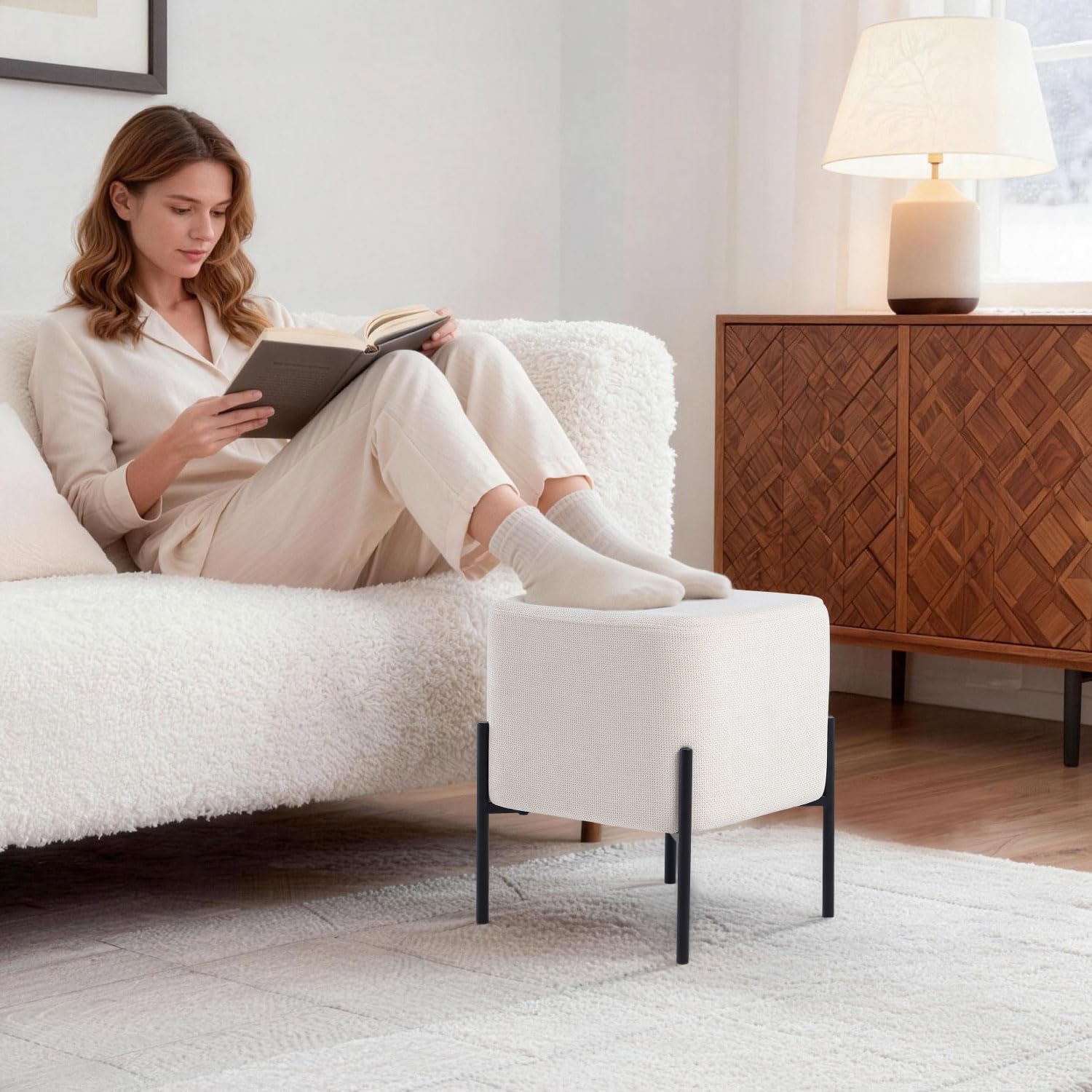 Get Set Modern Linen Ottoman Stool Vanity Stool Foot Rest Stool, Square Small Vanity Chair for Makeup Room, Footrest Stool with Metal Legs, Side Table Ottoman for Living Room, Bedroom, Walk-in Closet