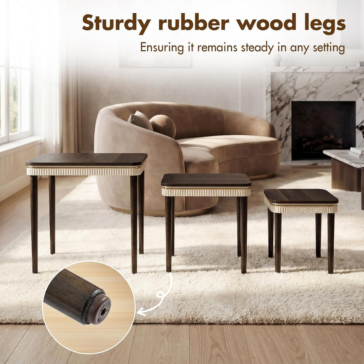 Hyfirm Walnut Nesting Tables Set of 3, Mid Century Side Tables | Space-Saving Stackable Design | Veneered Tops with Gold Trim | Rubberwood Legs