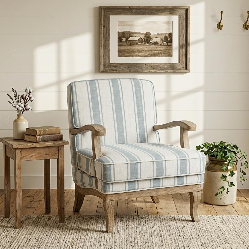 HULALA HOME Farmhouse Striped Accent Chair with Solid Wood Legs, Blue | Comfy Upholstered Patterned Armchair with Curved Armrests, Removable Cushion, for Living Room Bedroom Reading