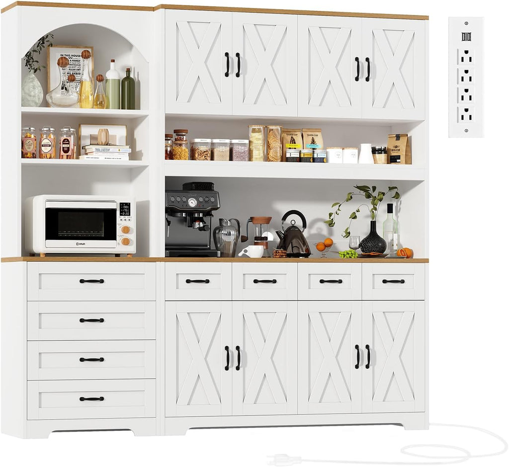 Kitchen Pantry Cabinet with 8 Drawers & Arched Open Shelf, Tall Farmhouse Storage Cabinet with Charging Station & RGB LED Light, Coffee Bar Cabinet for Dining Room, White