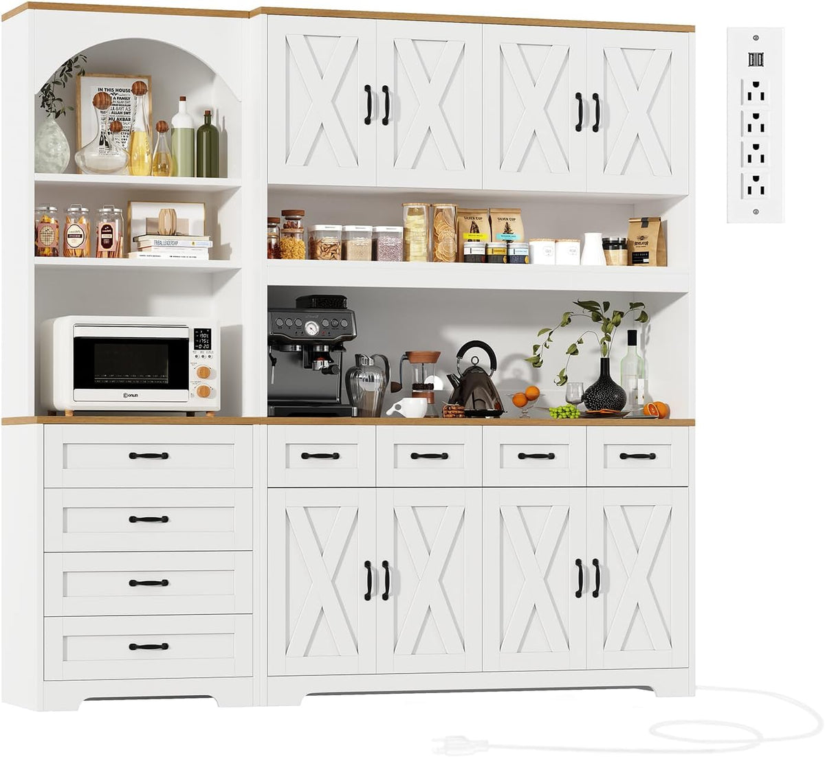 Kitchen Pantry Cabinet with 8 Drawers & Arched Open Shelf, Tall Farmhouse Storage Cabinet with Charging Station & RGB LED Light, Coffee Bar Cabinet for Dining Room, White