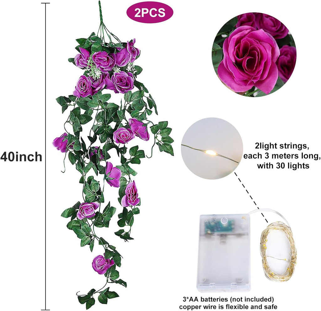 RECUTMS Artificial Hanging Rose Flower 2PCS 3.3Ft Flowers for Outdoors with 30 LED Fairy String Lights Fake Indoor Outdoor Wall Wedding (Purple)