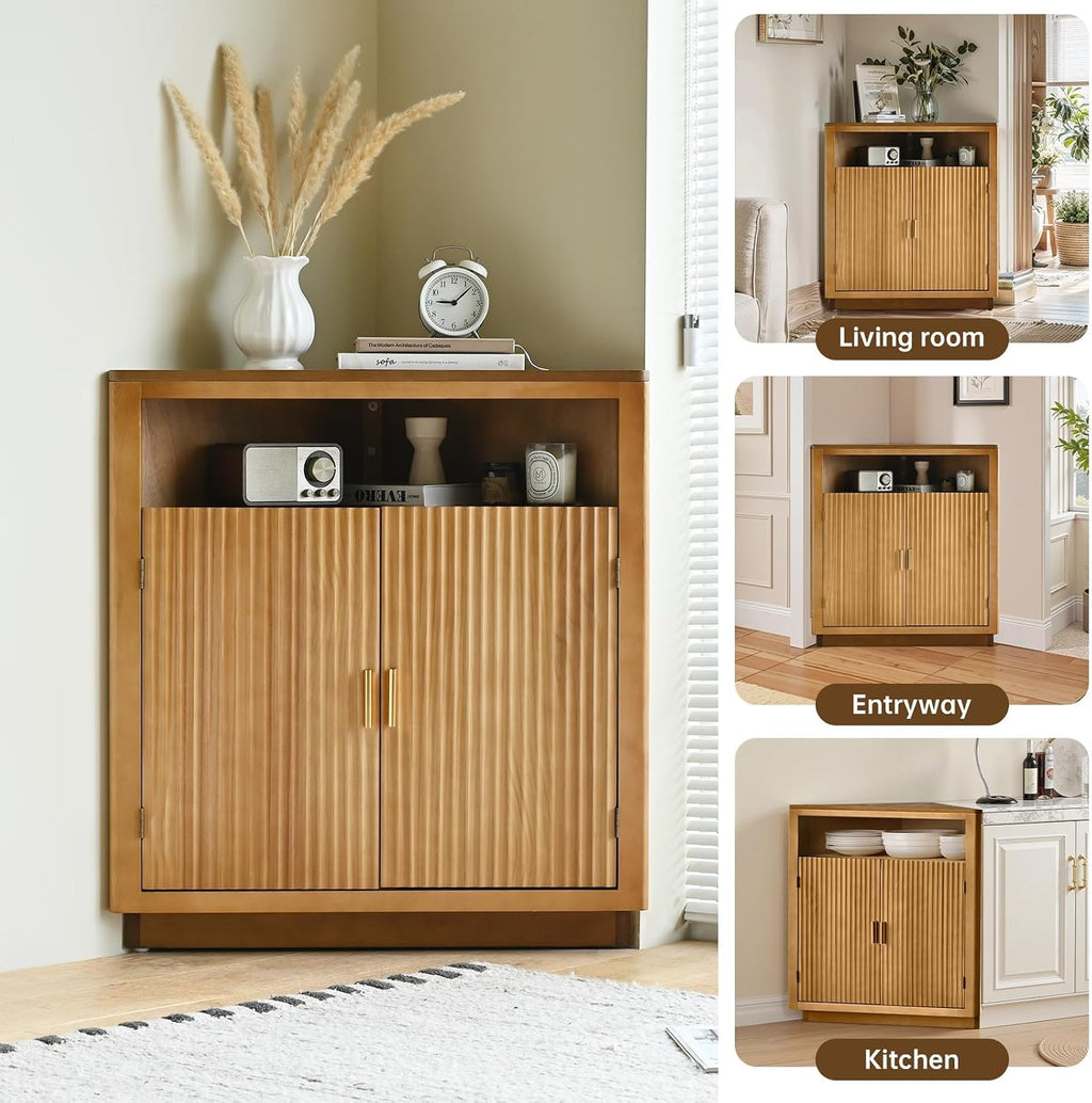 Ahokua Corner Storage Cabinet with Fluted Hand-Carved Doors, riangular Accent Cabinet with Adjustable Shelf & Gold Handles for Living Room or Entryway, Boho Style, Warm Oak