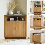 Ahokua Corner Storage Cabinet with Fluted Hand-Carved Doors, riangular Accent Cabinet with Adjustable Shelf & Gold Handles for Living Room or Entryway, Boho Style, Warm Oak