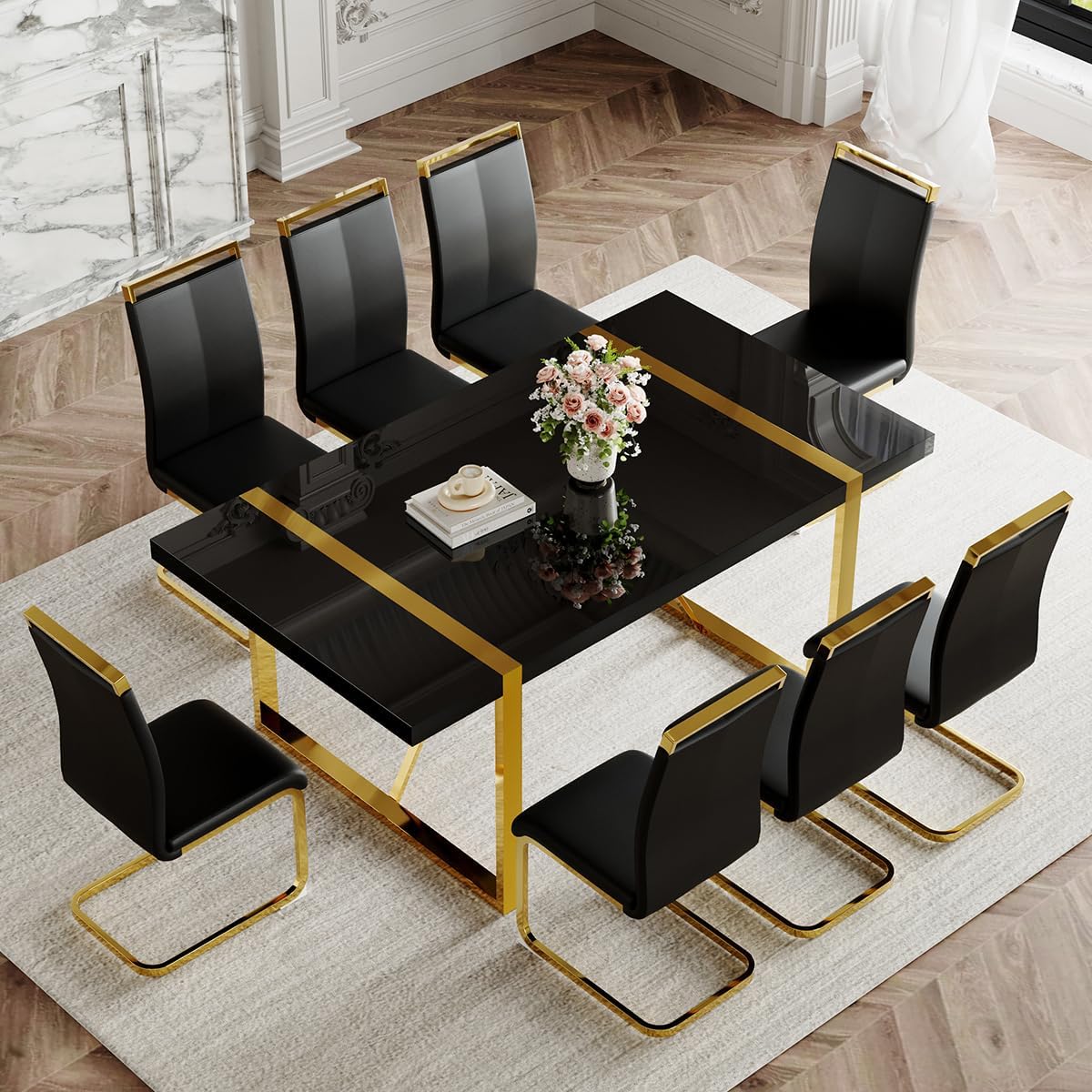 71" Modern Dining Table Set for 8, Black Dining Table Set for 8, Black Wood Tabletop with Gold Metal Legs, Rectangular Kitchen Table and 8 Faux Leather Chair for Apartment, Kitchen & Dining Room