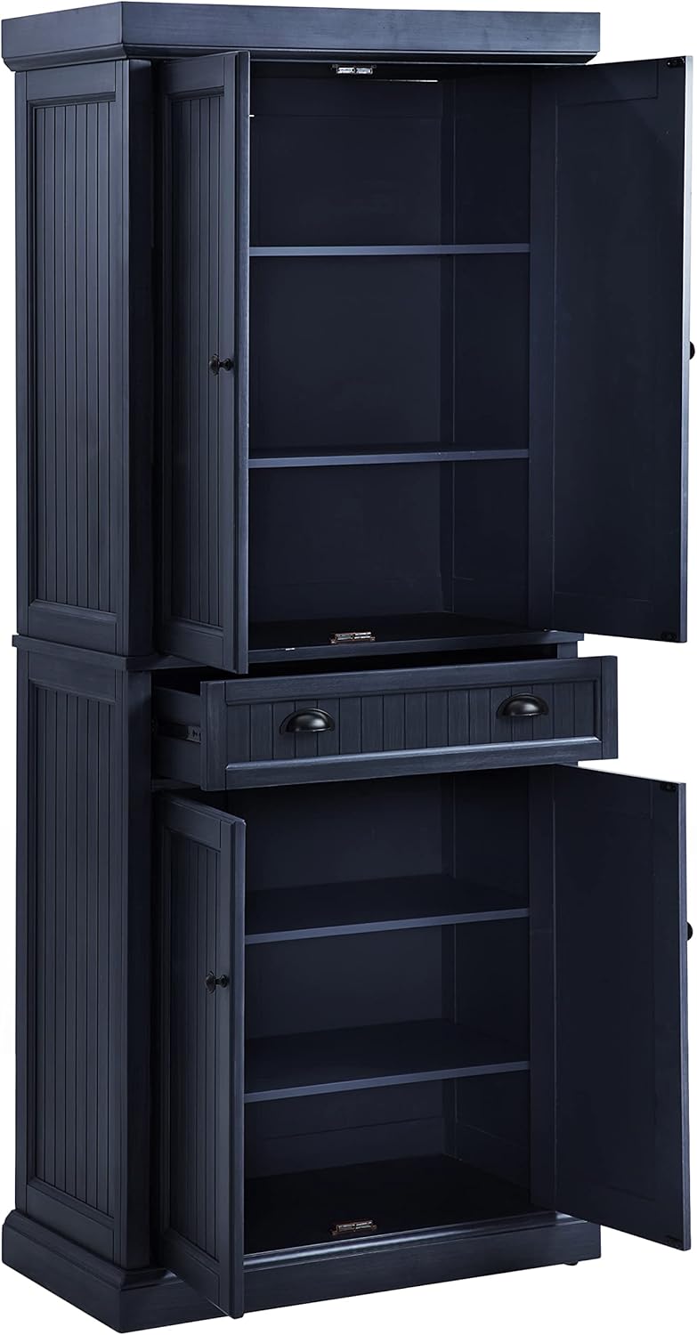 Crosley Furniture Seaside Coastal Pantry Storage Cabinet with Shelves, Kitchen, Dining, or Laundry Room, Distressed Navy