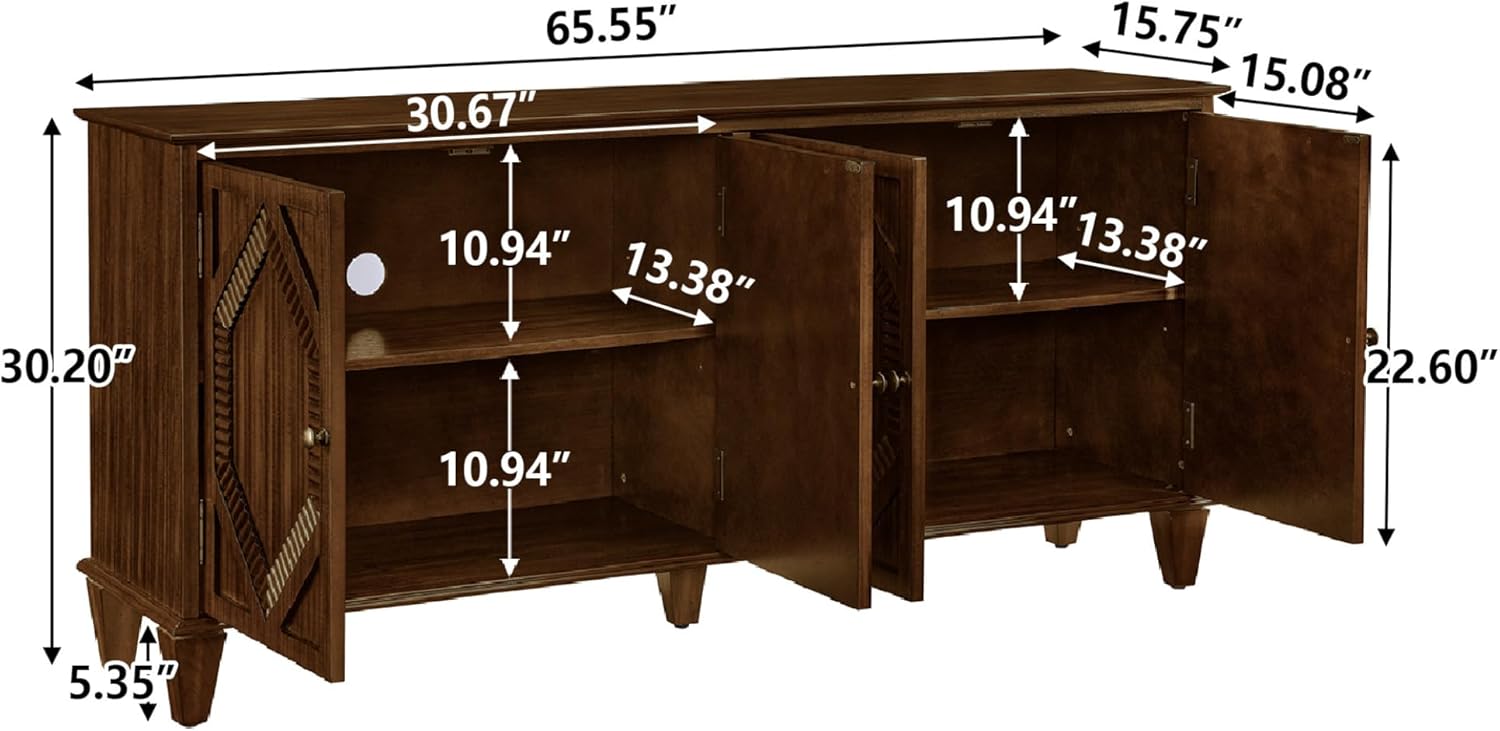 LKTART 65" Mid Century Sideboard Buffet Cabinet with Solid Wood Legs,Accent Storage Cabinet Credenza with 4 Doors for Living Room,Entryway,Kitchen(Walnut)