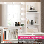 Palimder Vanity Desk with Mirror & Light, Large Drawer Three Level Storage Dresser, 3 Lighting Modes Adjustable Brightness, Bedroom Dressing Table
