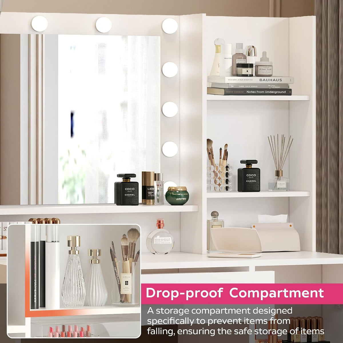 Palimder Vanity Desk with Mirror & Light, Large Drawer Three Level Storage Dresser, 3 Lighting Modes Adjustable Brightness, Bedroom Dressing Table