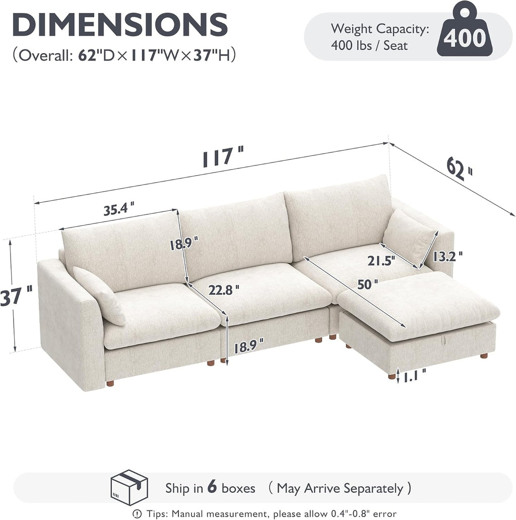 Ihanherry 117" Oversized Modular Sectional Sofa, Modern L Shaped Cloud Couch with Storage Ottoman, 4-Seat Comfy Chenille Deep Seat Sofa with 2 Pillows for Living Room, Beige